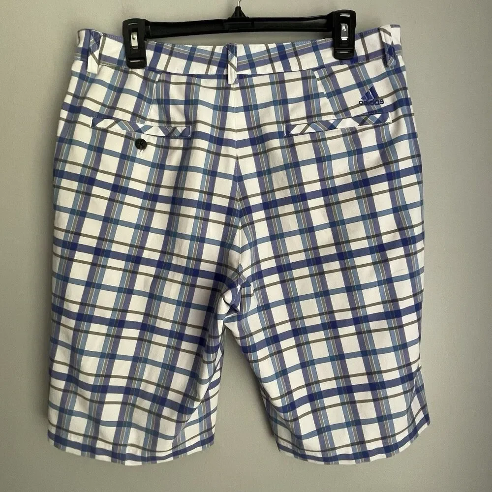 Adidas Shorts Men's Size 33 Blue Tan Plaid Golf Chino Polyester 10.5